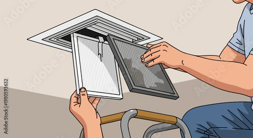 Hands replacing dirty air filter with a clean one from ceiling vent