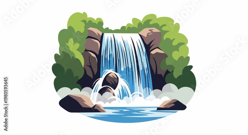 Stylized depiction of a cascading waterfall amidst lush greenery and rocky outcrops