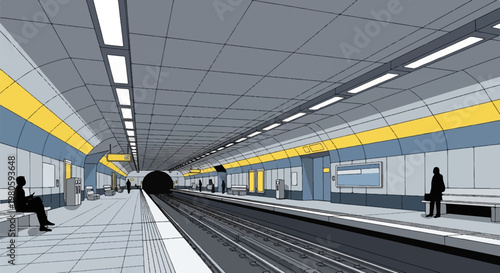 A stylized subway station platform with illuminated ceiling, tracks, and silhouetted figures