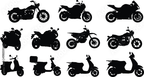 Collection Of Motorcycle Silhouettes Set Including Sport Bike Cruiser Chopper Dirt Bike And Scooters For Transportation Design Racing Graphics And Automotive Vector Logo Branding