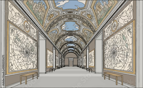 An ornate, long hallway with a vaulted, frescoed ceiling and walls adorned with large, detailed maps and decorative panels