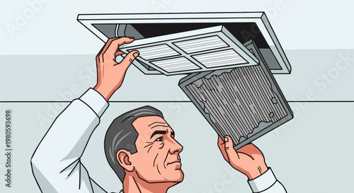 Man changing dirty air filter in ceiling vent