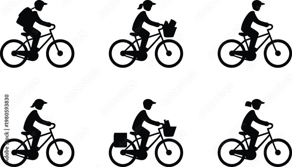 Fototapeta premium Six Black Icons Of People Riding Bicycles With Bags And Baskets cycling person