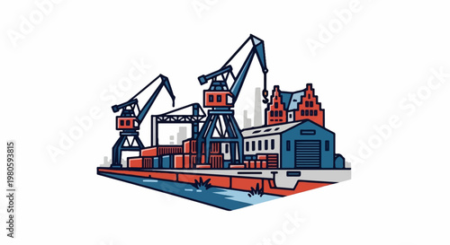 Industrial port scene with cranes, containers, and waterfront buildings