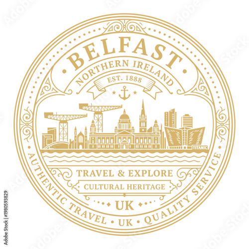 Vintage gold Belfast Northern Ireland travel badge with city skyline landmarks vector illustration
