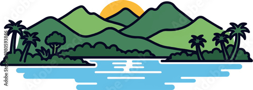 Lush green mountains meet a tranquil blue lake under a warm orange sun