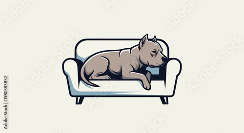 A stylized grey dog sleeps on a white couch with blue trim