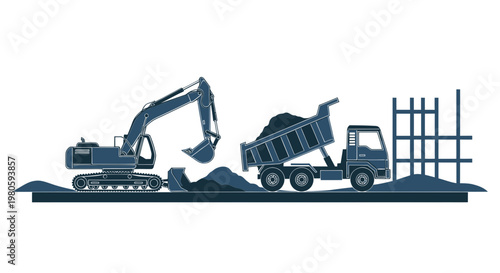 Fotografie Construction site with excavator loading dirt into a dump truck near building fr