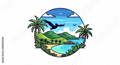 Pixelated tropical island scene with palm trees, green hills, blue ocean, and a bird flying above