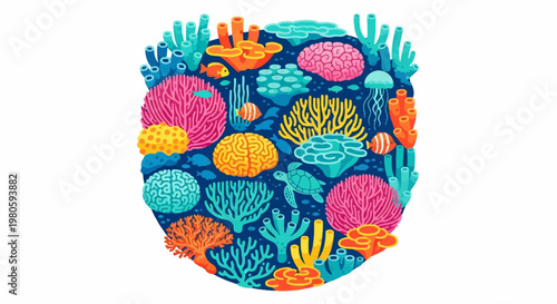 Vibrant, pixelated coral reef teeming with marine life, featuring brain corals, anemones, fish, and a turtle