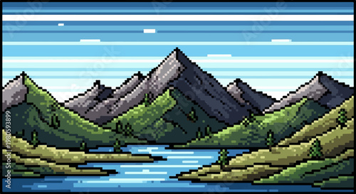 Pixel art mountains rise above a serene lake under a striped sky