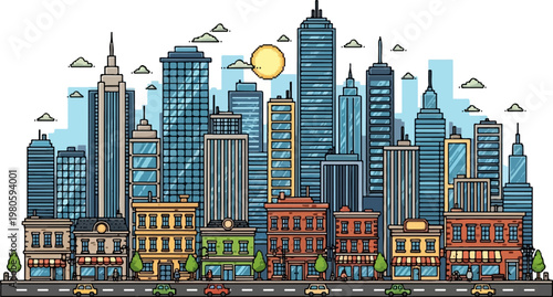 Pixelated cityscape with varied buildings, vehicles, and a sun