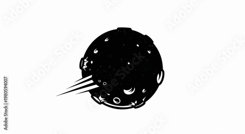 Black celestial body with craters and streaks of light emanating from its side