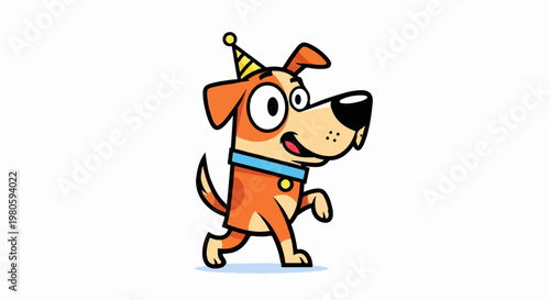 Cheerful cartoon dog in a party hat, mid-stride, with a blue collar and yellow bell
