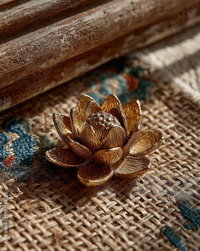 Vertical rustic still life photography capturing a golden lotus ornament set against a natural woven textile backdrop evoking a sense of artisanal elegance for decor inspiration