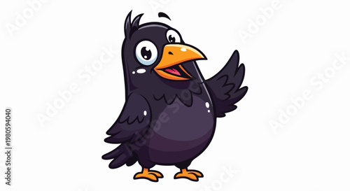 A cartoon crow character with large eyes, an orange beak, and black feathers, waves cheerfully