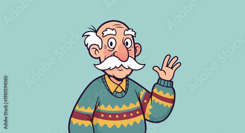 Cheerful elderly man with a large white mustache and bushy eyebrows, waving hello warmly