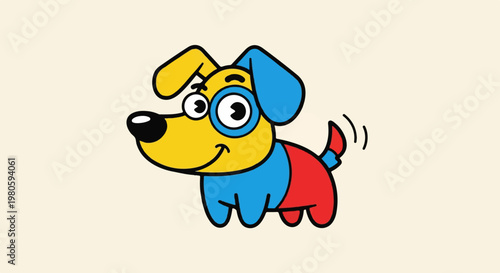 Cheerful cartoon dog with yellow, blue, and red body, wagging its tail