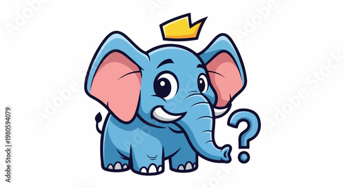 A curious, blue cartoon elephant wearing a golden crown and a question mark