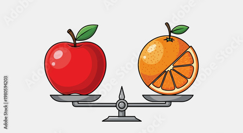 Red apple and sliced orange weighed on a scale