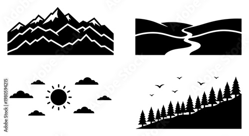 Minimalist mountain landscape icons, black and white nature vector set, outdoor wilderness scenery with peaks and forest, 4 simple environment elements
