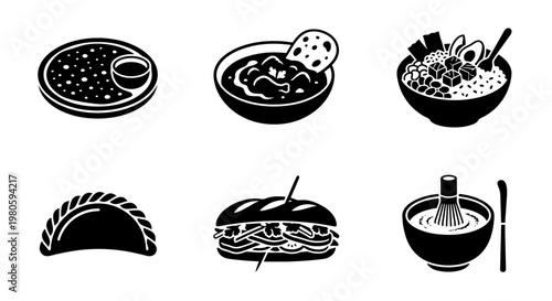 Minimalist food icons set, black and white vector illustrations of global cuisine, 6 restaurant menu elements including ramen and empanada