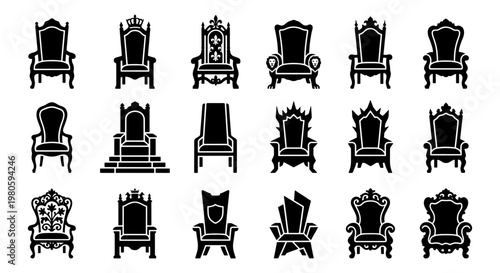 Royal throne icons set, 18 king and queen chair vector silhouettes, medieval royal furniture collection, black monarch seat symbols for game design