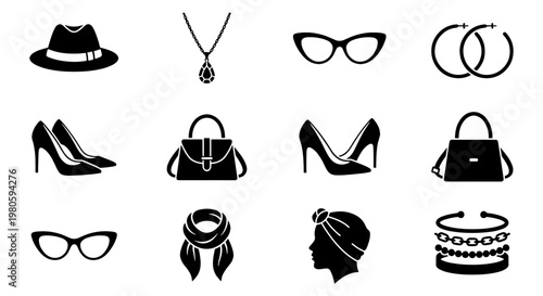 Fashion accessories icon set, black silhouette women's apparel elements, elegant jewelry and clothing vector icons for retail and boutique branding