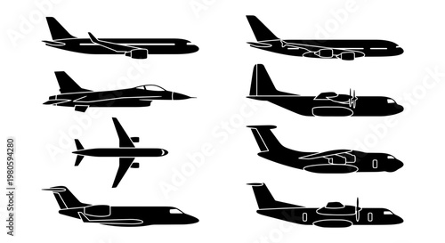Aviation aircraft silhouettes set, 8 commercial and military airplane icons, black passenger jet and fighter plane vector collection for travel design