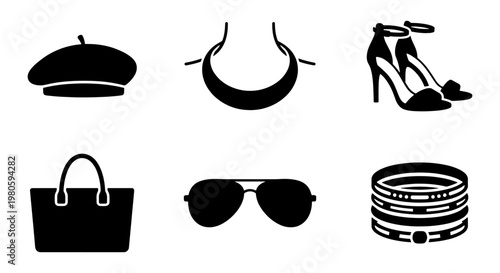 Minimalist fashion accessories icon set, black silhouette vector of 6 elements, stylish woman apparel and jewelry collection for retail and shopping