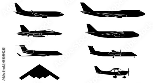 Airplane silhouette vector set, commercial aircraft and military jet icons, 8 aviation transport elements for travel and logistics design