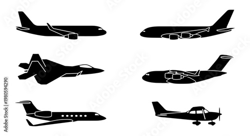 Airplane silhouette vector set, commercial jet and fighter plane icons, collection of 6 aircraft side view symbols for aviation and travel design