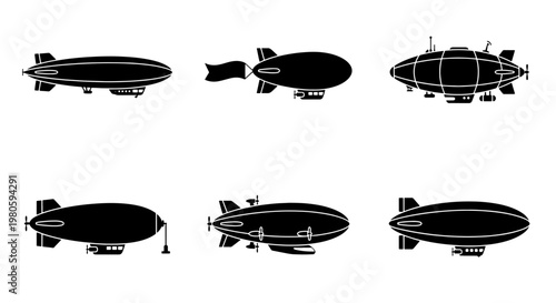Vintage blimp silhouette collection, 6 steampunk airship vector icons, retro dirigible and zeppelin transport symbols for aviation design