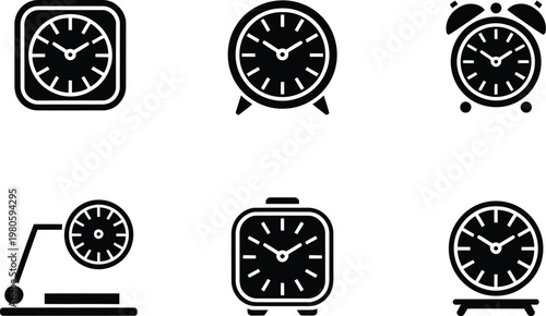 Six Black Silhouette Icons of Different Alarm Clocks and Timepieces (41