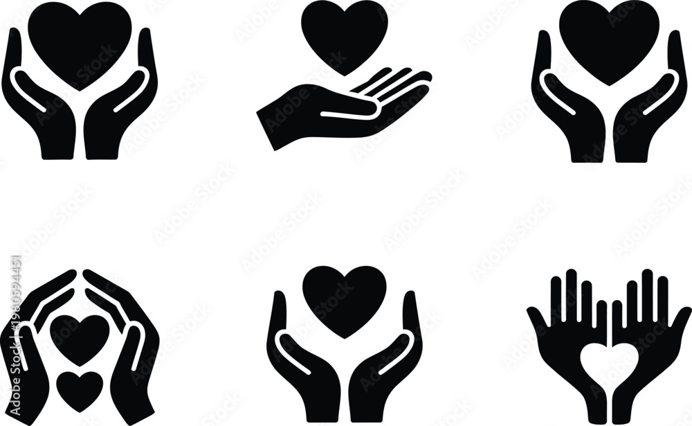 Fototapeta premium Six Black Silhouette Icons of Hands Holding and Protecting Hearts love care