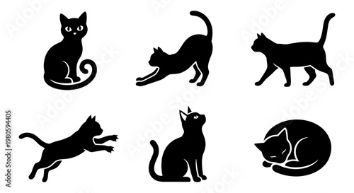 Black cat silhouette collection, 6 vector cat icons in various poses, minimalist feline animal silhouettes for logo design and pet branding