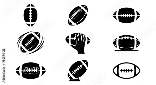American football icons set, black silhouette rugby ball vector collection, 9 sports equipment symbols for competition and league branding