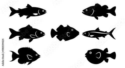 Black fish silhouette collection, set of 7 aquatic animal icons, minimalist sea life vector shapes for fishing logos and restaurant menus