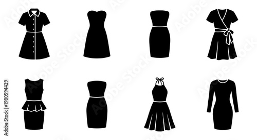 Minimalist women's dress icons set, black silhouette fashion apparel vector collection, elegant female clothing styles for retail and web design