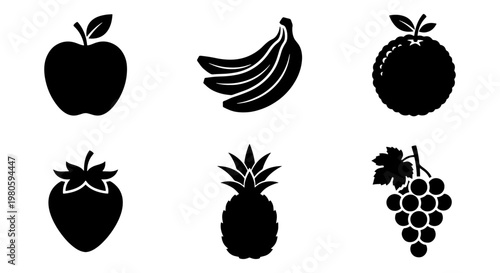 Minimalist fruit icon set with 6 black silhouettes, flat vector fruit symbols including apple and banana, organic food graphic elements for menus