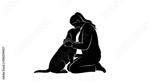 Black silhouette of a young woman hugging her loyal pet dog.