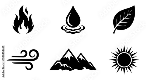 Natural elements icon set with 6 black vector symbols, minimalist nature icons of fire water leaf wind mountain and sun, ecological environment graphics