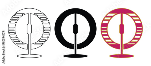 Hamster wheel vector icon set, pet exercise equipment in black and pink, rodent running wheel flat illustration for pet shop branding