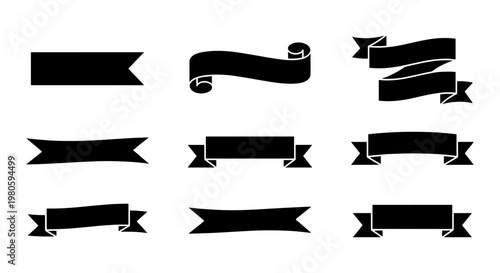 Fényképezés Vintage black ribbon banners set, 9 decorative vector scrolls and flags, elegant