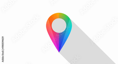 A vibrant, low-poly map pin icon casts a long shadow on a clean white background