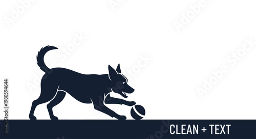 Minimalist vector illustration of a playful dog silhouette with a ball.
