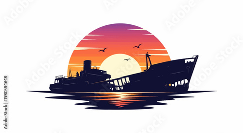 Silhouette of a derelict ship against a vibrant sunset, reflected in the calm water