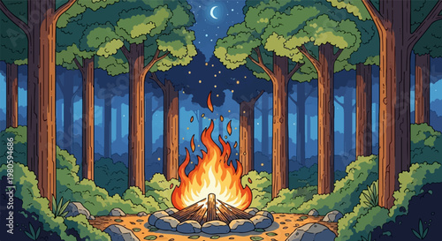 A pixel art campfire blazes in a serene forest clearing under a crescent moon and starry night sky