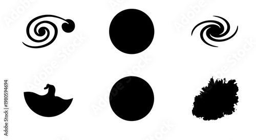 Minimalist galaxy and celestial body silhouettes, set of 6 black space icons, astronomical spiral and planet vector elements for science design