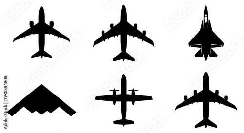 Airplane silhouette vector set, 6 black aircraft icons including commercial jet, military fighter plane, and stealth bomber, aviation transport symbols
